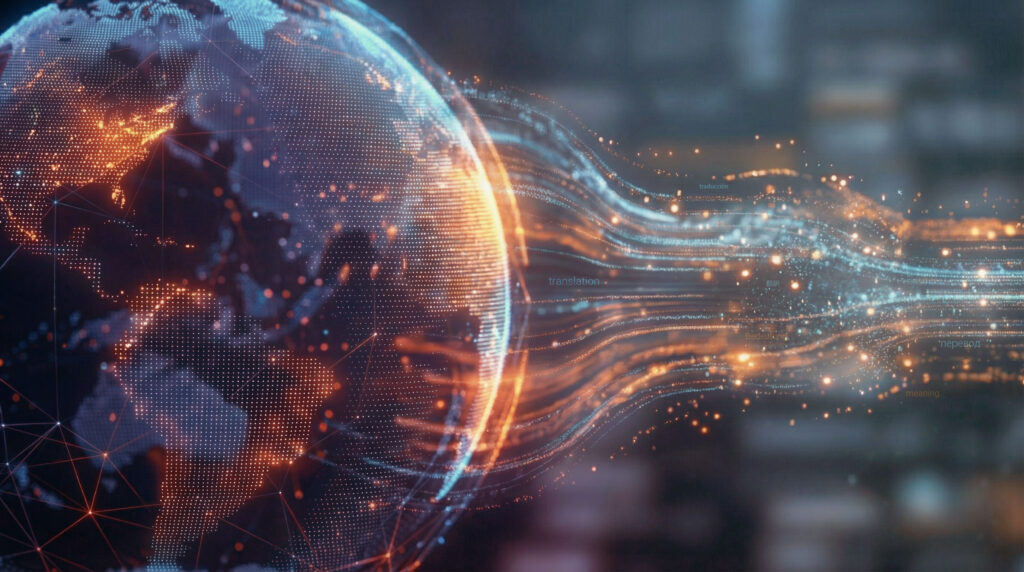 A digital globe dissolving into flowing data streams in blue and orange tones, representing the global translation industry and digital language processing.