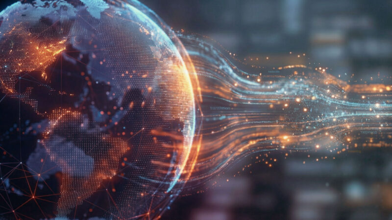 A digital globe dissolving into flowing data streams in blue and orange tones, representing the global translation industry and digital language processing.