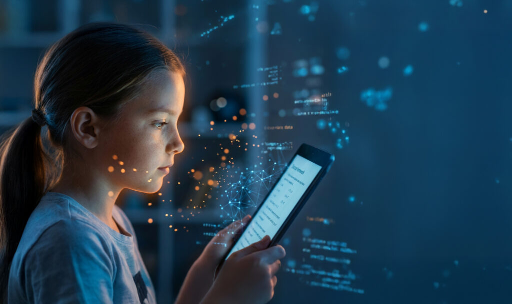 Child reading on a tablet with digital elements, illustrating education in the age of AI.