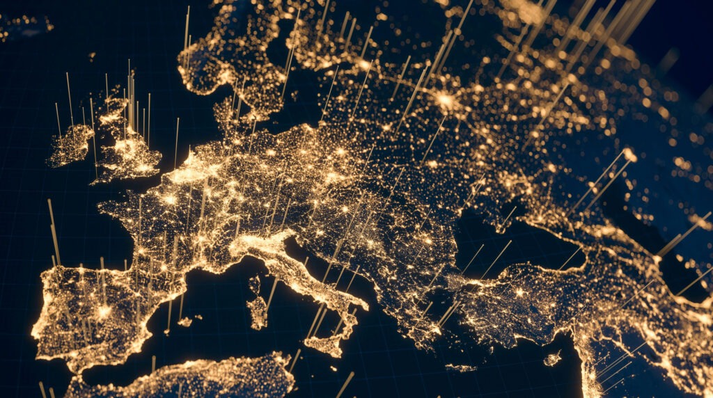 Digital map of Europe illuminated with interconnected data points and signal lines, symbolizing information warfare and digital influence operations across European networks.