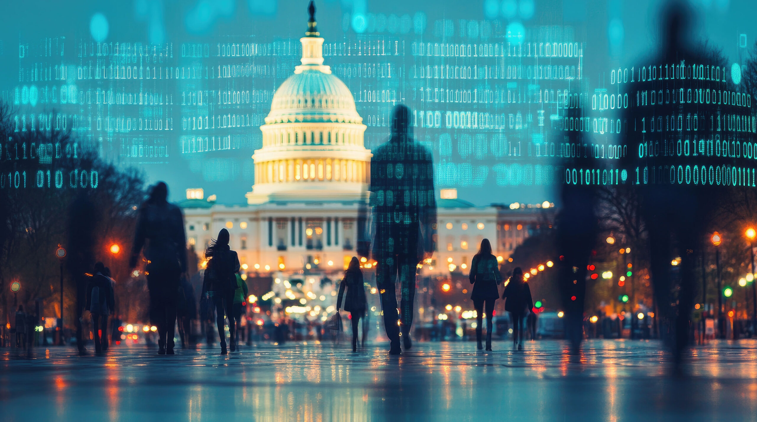 Blurred silhouettes of people walking toward the illuminated U.S. Capitol at dusk, overlaid with glowing binary code, symbolizing digital democracy, civic participation, and the intersection of governance and technology.