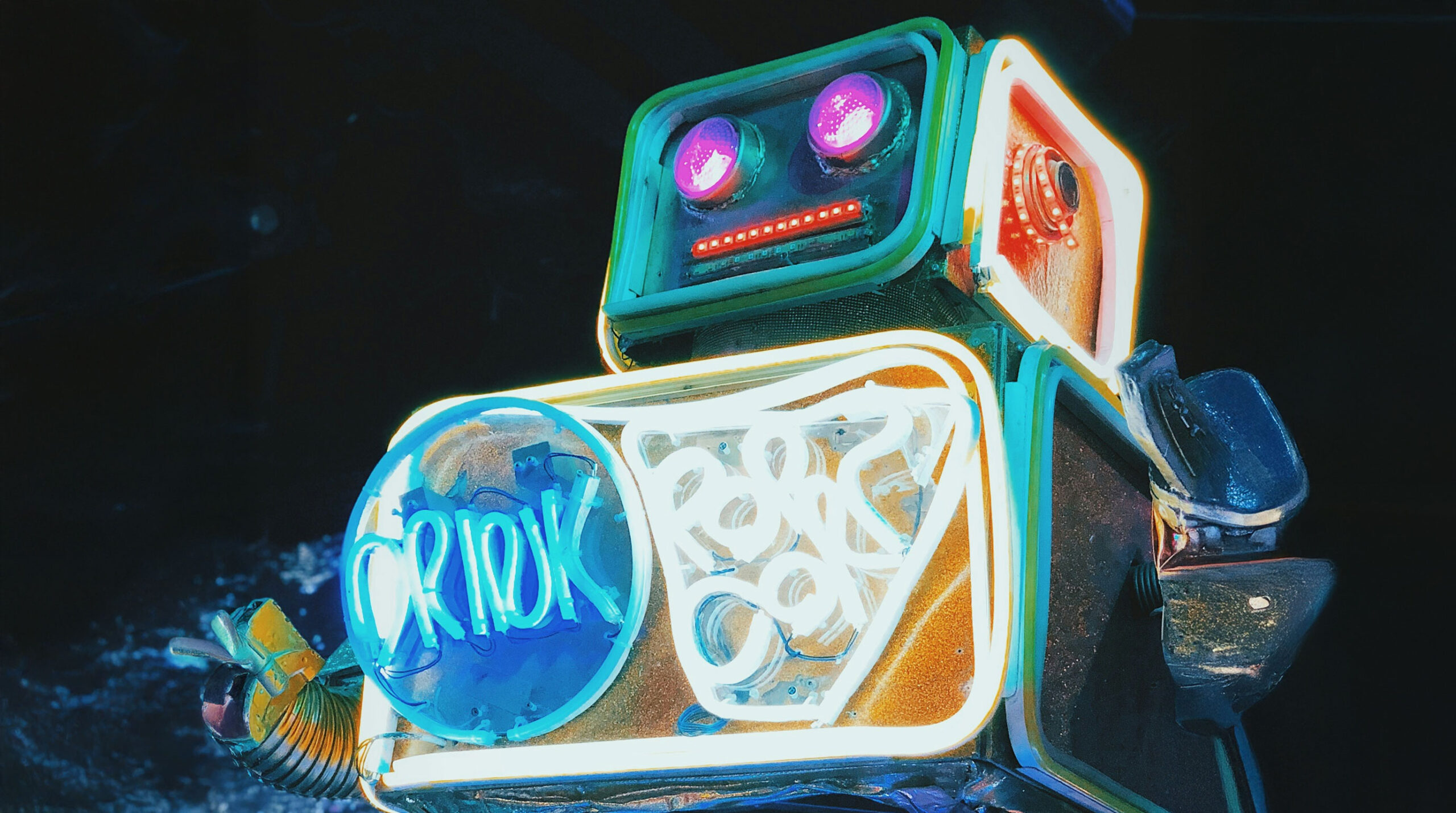 Colorful neon robot in a game-like environment representing the immersive and addictive digital world of Roblox.