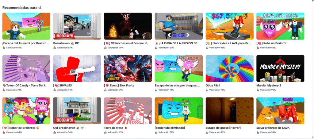 Roblox game selection interface displaying recommended games and user-generated experiences on the Roblox platform.