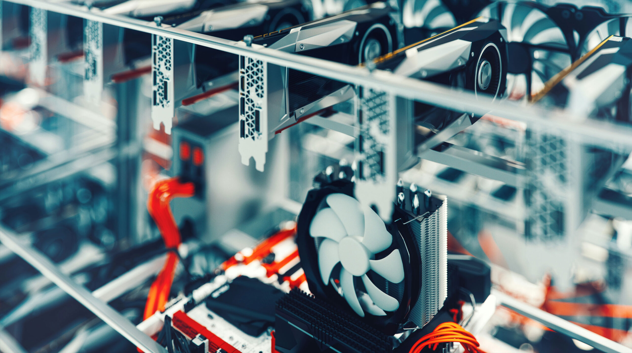 Cryptocurrency mining rig with multiple GPUs in a high-performance data center, used for blockchain processing and crypto mining operations.